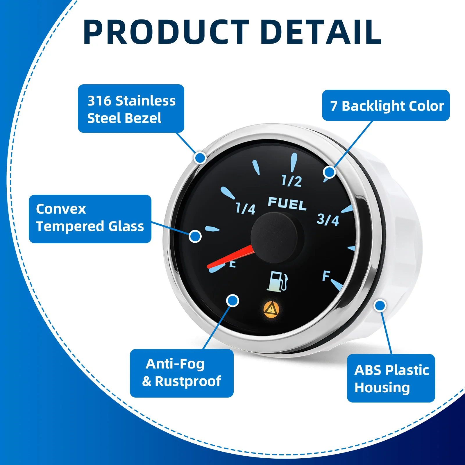 0-190ohm 240-33ohm 0-90ohm Pengukur Tingkat Bahan Bakar 52Mm Pengukur Mobil 7 Warna Lampu Latar dengan Alarm Berkedip untuk Mobil Truk Perahu