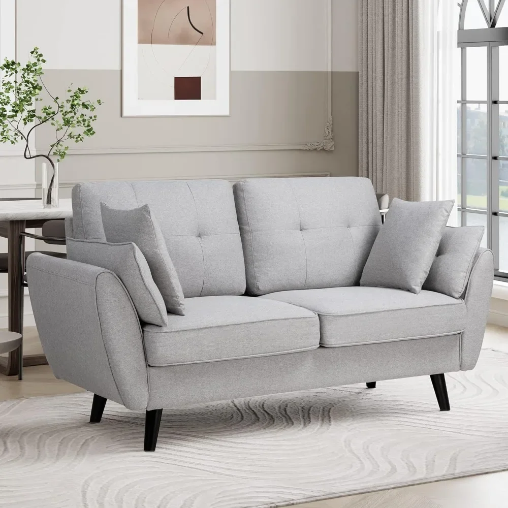 Modern fabric double sofa with soft cushions, 2 low backrest deep seats, with 4 pillows, easy to assemble, light gray