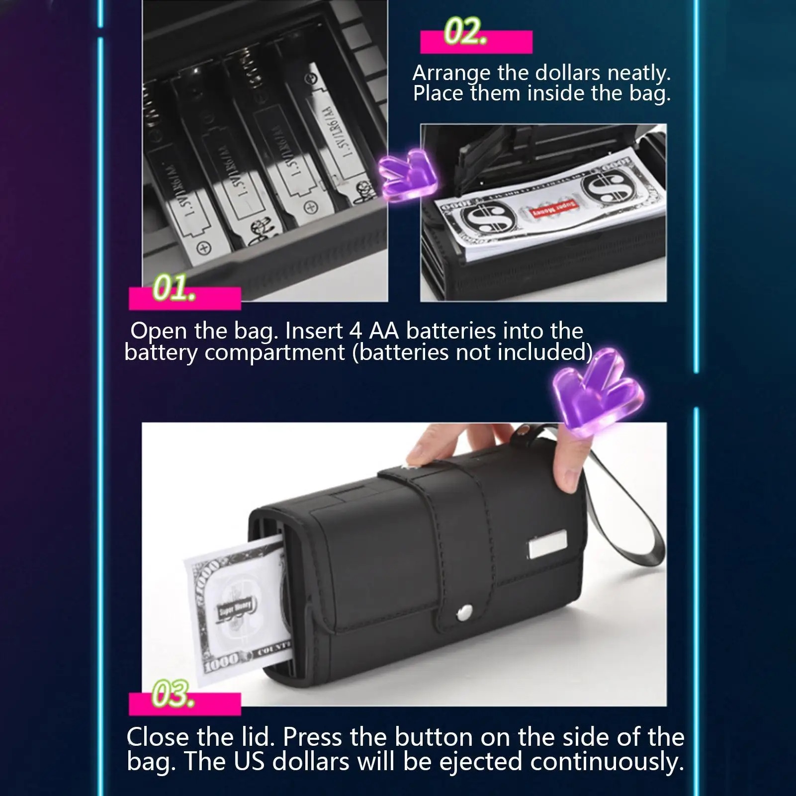 Borsa spray per soldi Spruzzatore di denaro divertente realistico a batteria per scherzi Divertimento per donne Uomini Adulti Colleghi Festa in famiglia