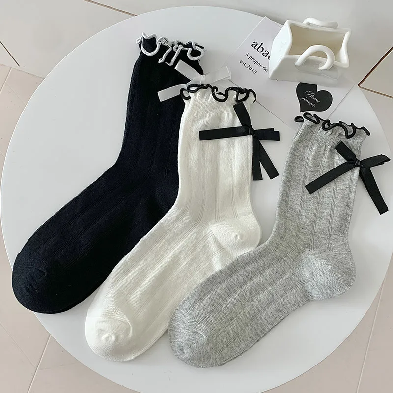 귀여운 나비 매듭 로리타 귀여운 소녀 프릴 양말, 여성 JK 일본 스타일, 단색, 블랙, 화이트, 그레이, 긴 양말