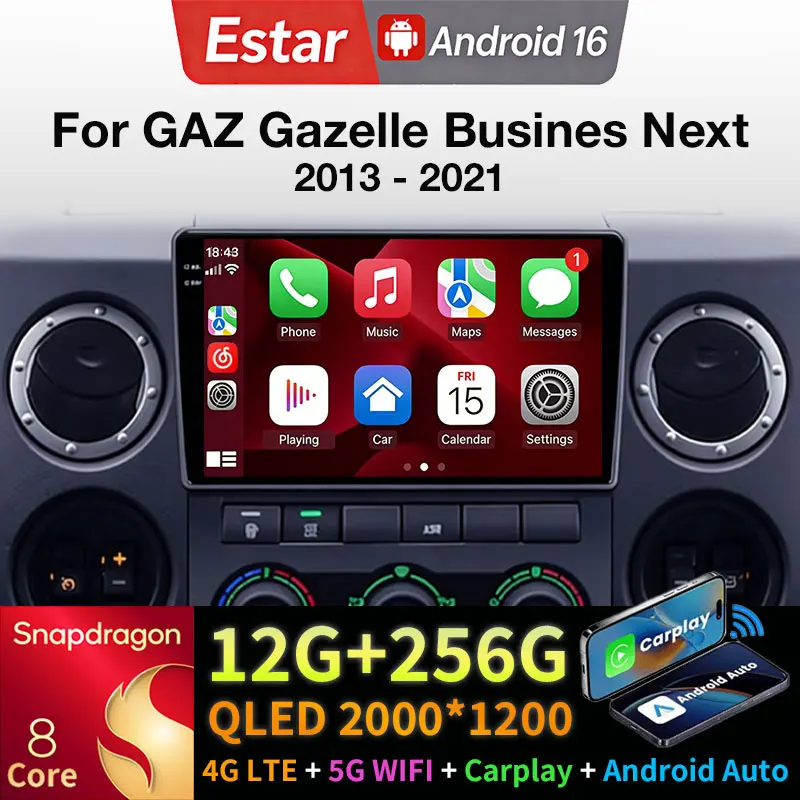 Rádio Automotivo Android 16 Carplay Auto para GAZ Gazelle Business Next 2013-2021 GPS 2din Multimídia Reprodutor de Vídeo Navegação 2 DIN Áudio