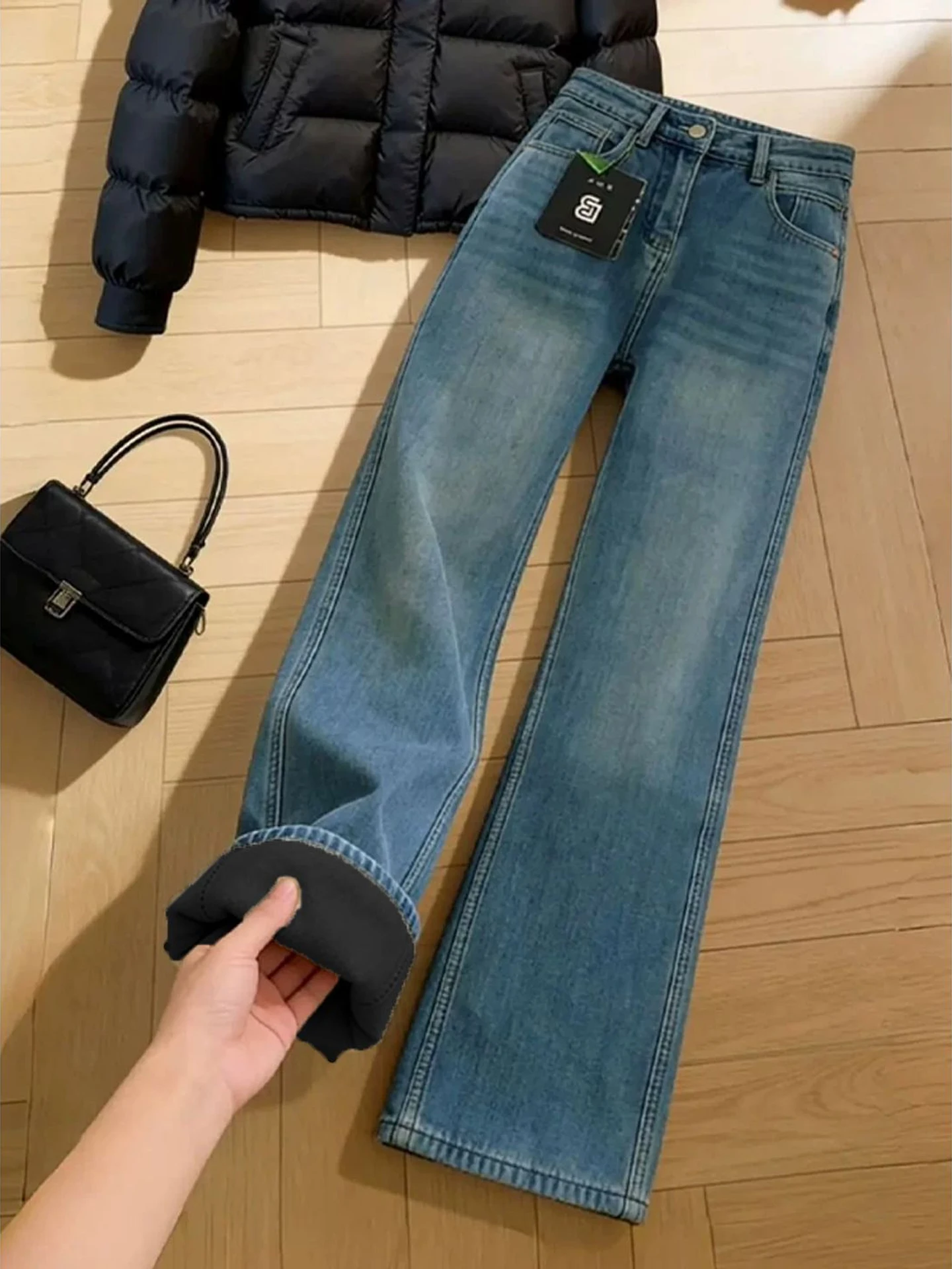 

Мужские джинсы Deep Blue Fce Lined, зимние, в американском ретро-стиле, расклешенные, прямые, свободные, широкие, рабочие брюки