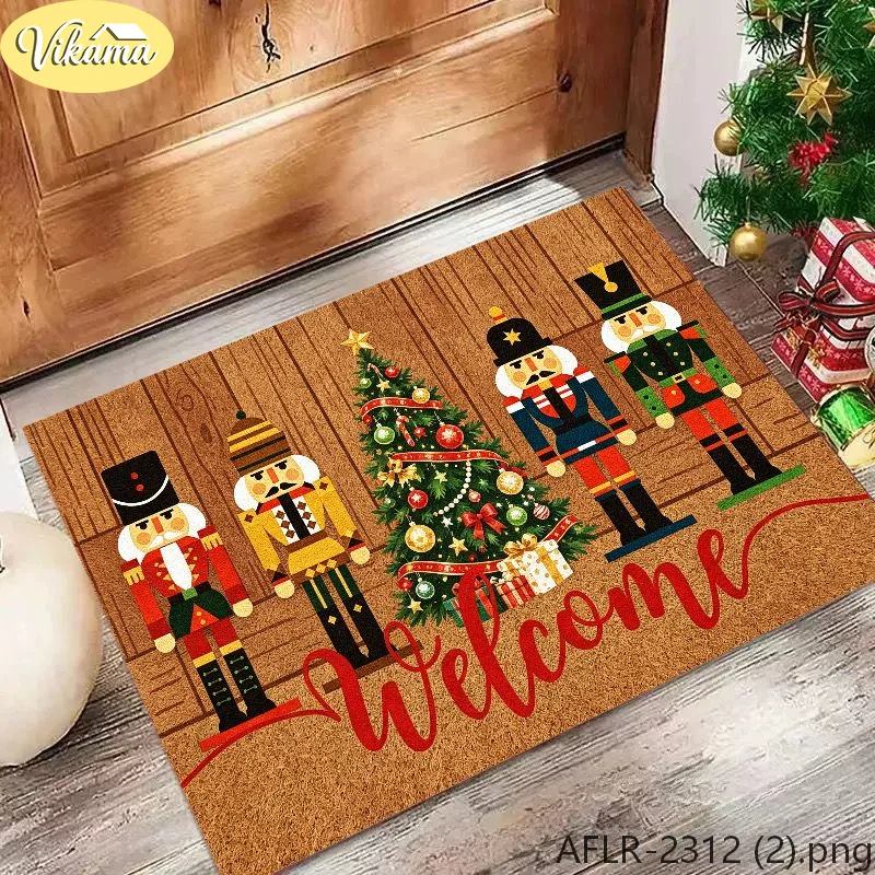 VIKAMA Christmas Doormat Nutcracker Tree Welcome Sturdy Durable Door Mat for Outdoor Entrance Christmas Decor