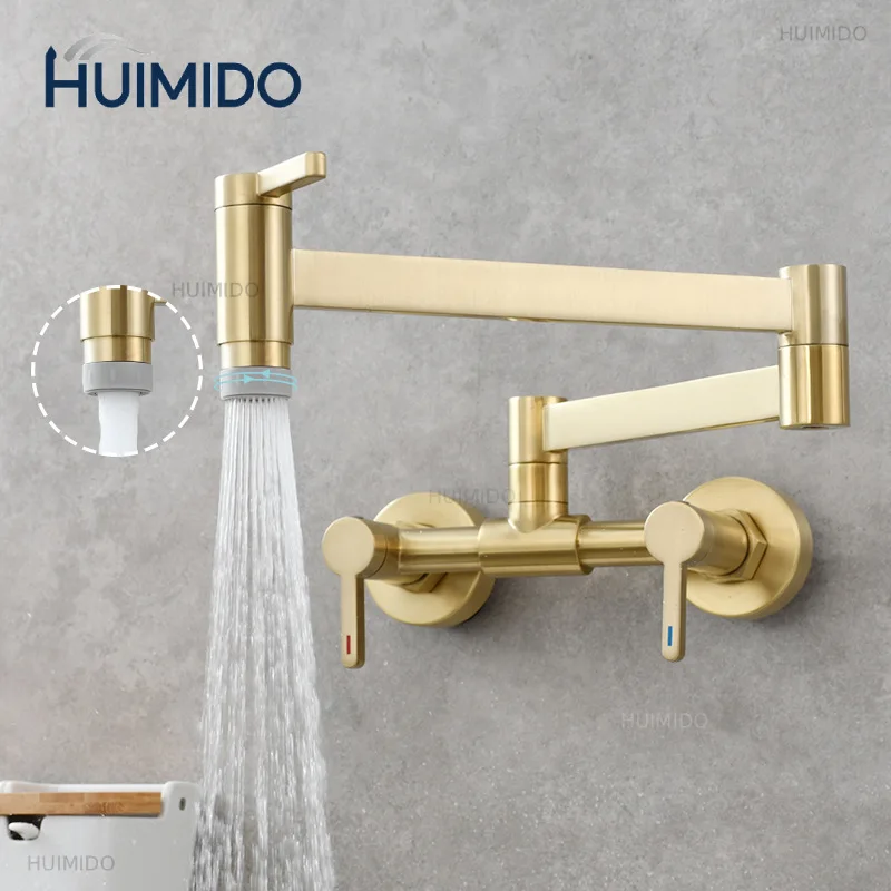 Tap Wall Mounted Foldable Kitchen Faucet Hot and Cold Single Hole Sink Tap Rotate Folding Spout Brushed Gold Brass
