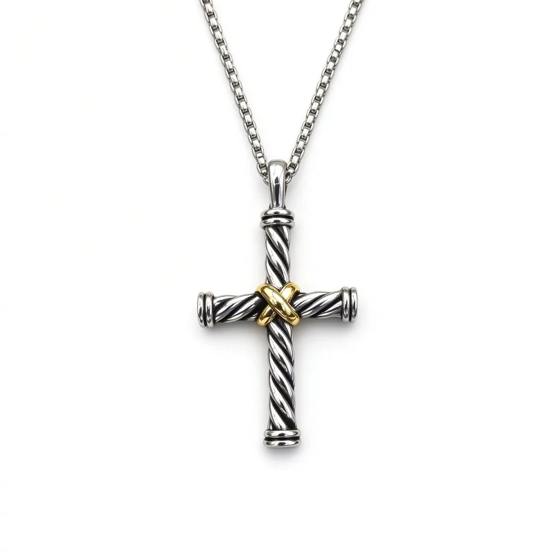 Silver Two-Tone Rope Twist Cross Pendant Necklace with Gold Accent, Twisted Cable Box Chain, Vintage Religious Charm, Unisex Fashion Jewelry Gift for Men Women, Daily Wear Party Accessory, High Quality Polished Alloy, Hypoallergenic Durable Necklace Gift