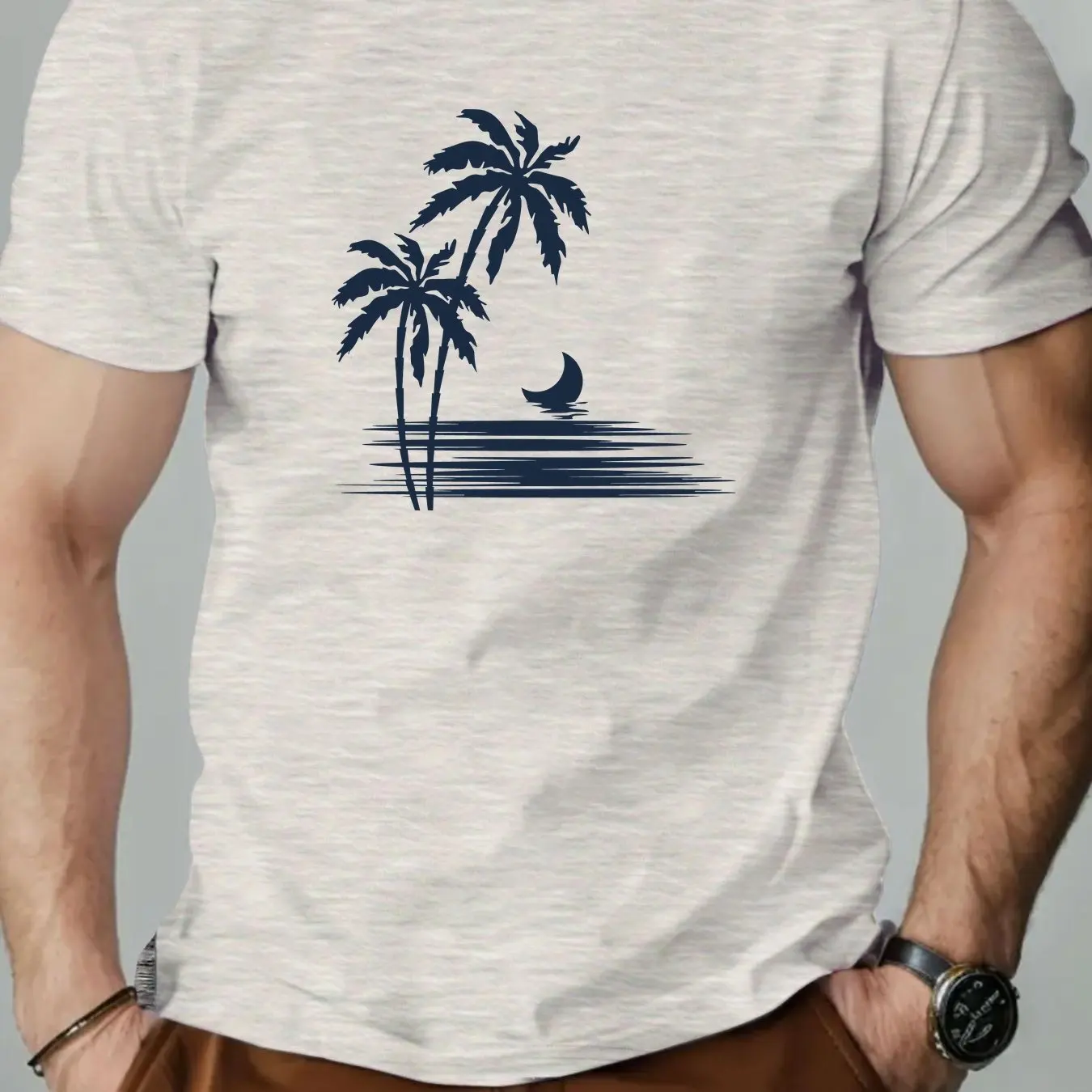

Men Tropical Palm Tree Wave Print T-Shirt Red with Navy Blue Beach Design Summer Casual Short Sleeve Round Neck Tee Men Clothing