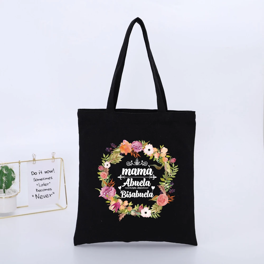 Floral Wreath with Typography Print Canvas Tote Bag, Casual Style for Daily Shopping and Outings