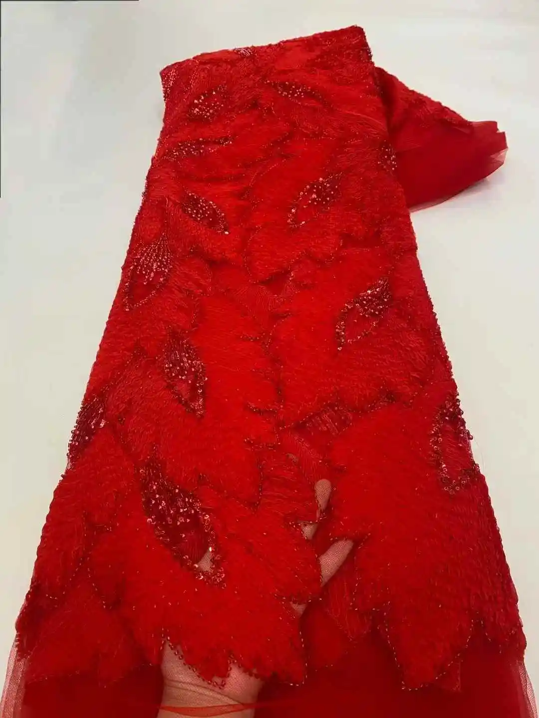 5 Yards 3D Floral Lace Fabric 2025 Luxury African Luxury Fabrics Sky Blue Beaded Lace Fabrics Sequins Net For Sewing KB4666