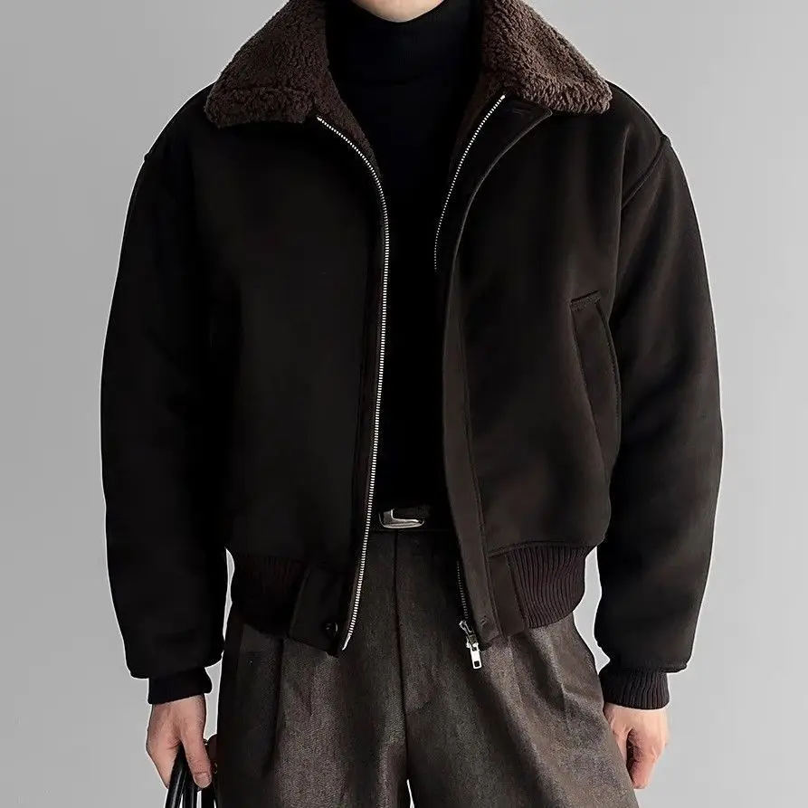 

Winter Wool Coat Men Fleece Lined Warm Jacket Grain Velvet Turn Down Collar Korean Style Zip Up Casual Outerwear Tops