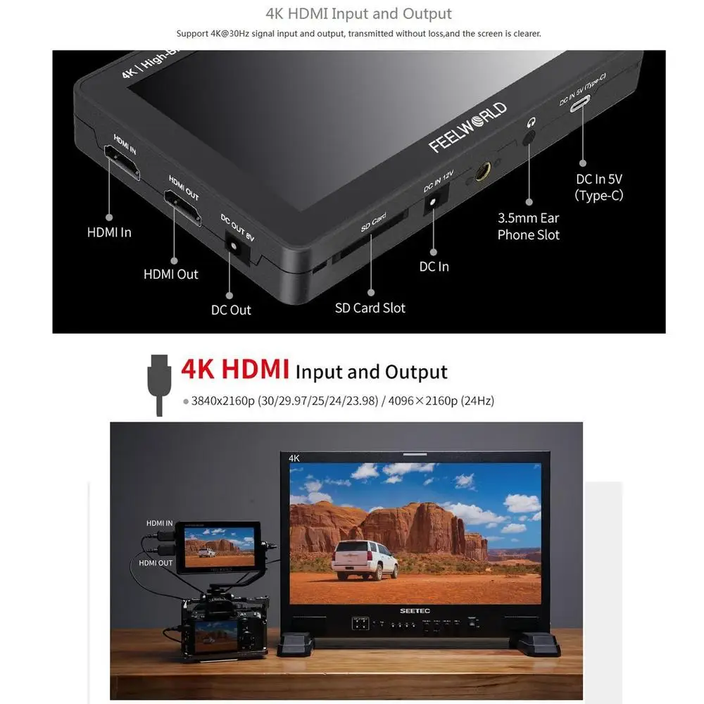 شاشة Feelworld F6 PLUSX 5.5 بوصة تعمل باللمس على الكاميرا DSLR شاشة ميدانية ثلاثية الأبعاد LUT 1920x1080 4K شاشة فيديو F6 PLUS مطورة