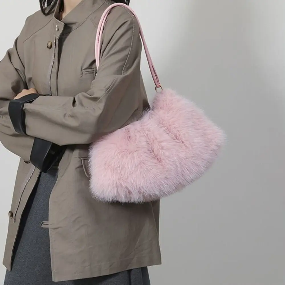 Casual Solid Color Fluffy Shoulder Bag Soft Warm Faux Fur Hobo Bag Korean Style Large Capacity Tote Bag Women
