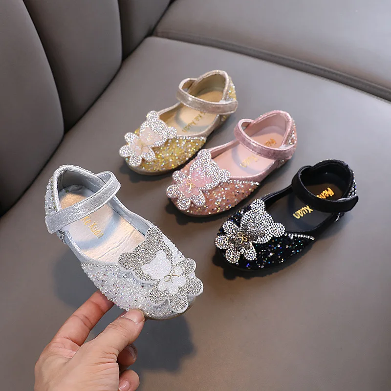 

Princess Shoes Girl Glitter Party Shallow Flat Shoes for Children Ballet Flats Four Colors Rhinestone Bear Kids Mary Jane Shoes