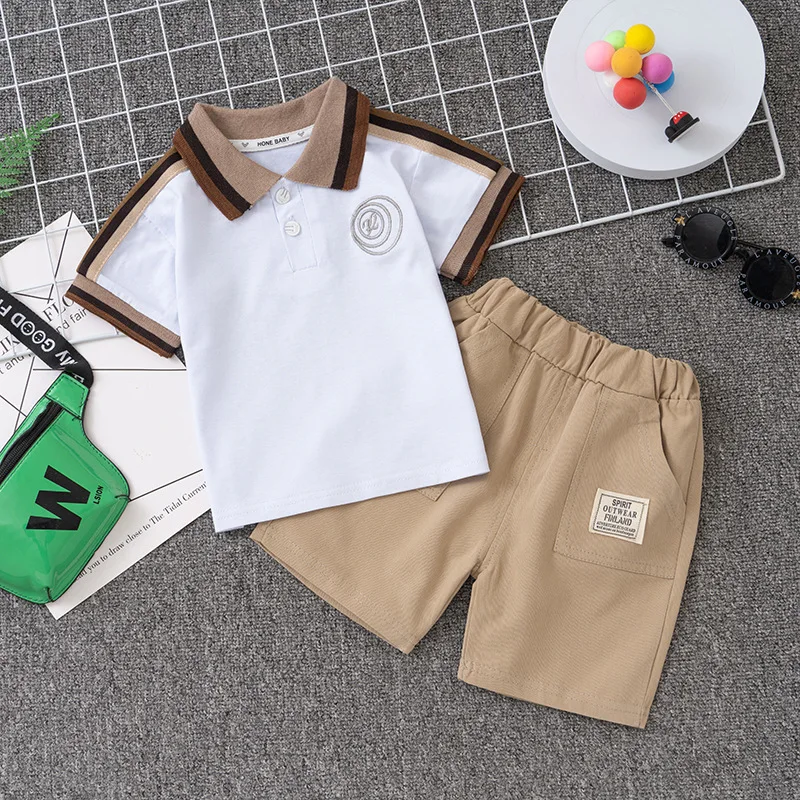 Boys' summer short sleeved set 0-5-year-old children's polo shirt, lapel T-shirt shorts, 2-piece set for children's clothing