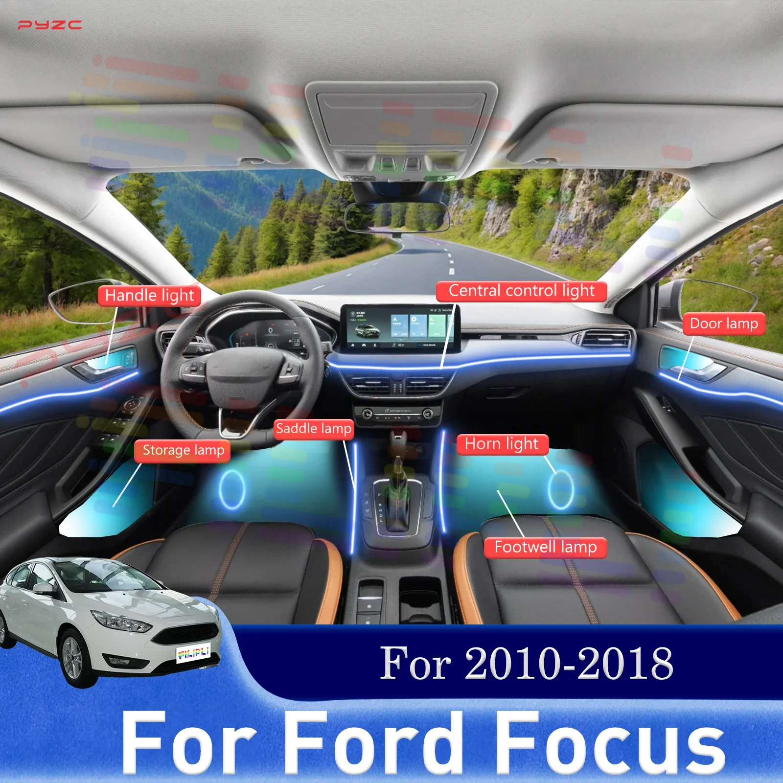 

Для Ford Focus умный пульт дистанционного управления салона автомобиля окружающее освещение RGB 64 цвета светодиодный быстроразъемный монтажный набор для 2010-2018 гг.