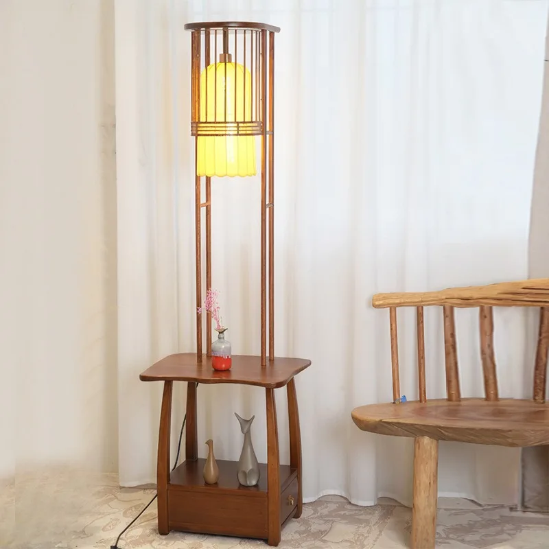 wabi-sabi atmosphere floor lamp, integrated shelf next to the sofa in the living room, vertical medieval style bedroom bedside