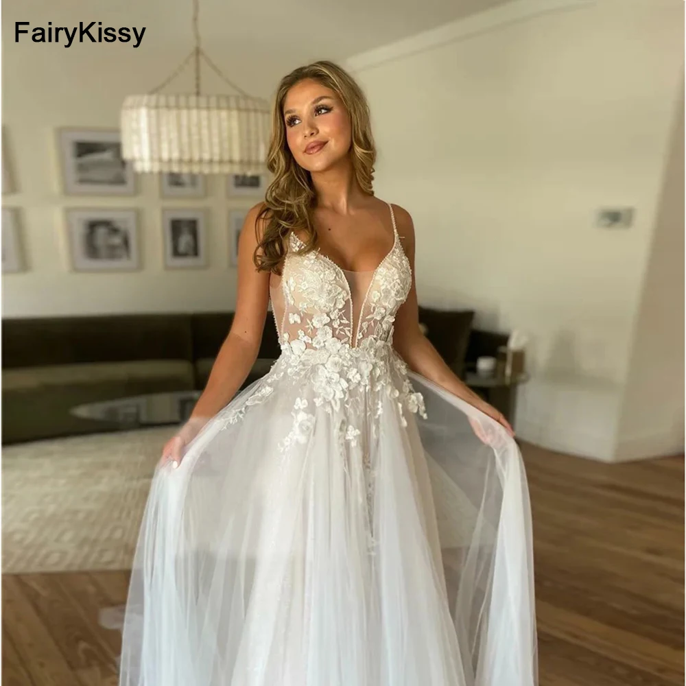 

FairyKissy V Neck Boho Wedding Dresses A Line Spaghetti Straps Appliqued Lace Bride Dress Elegant Appliqued Lace Wedding Gowns