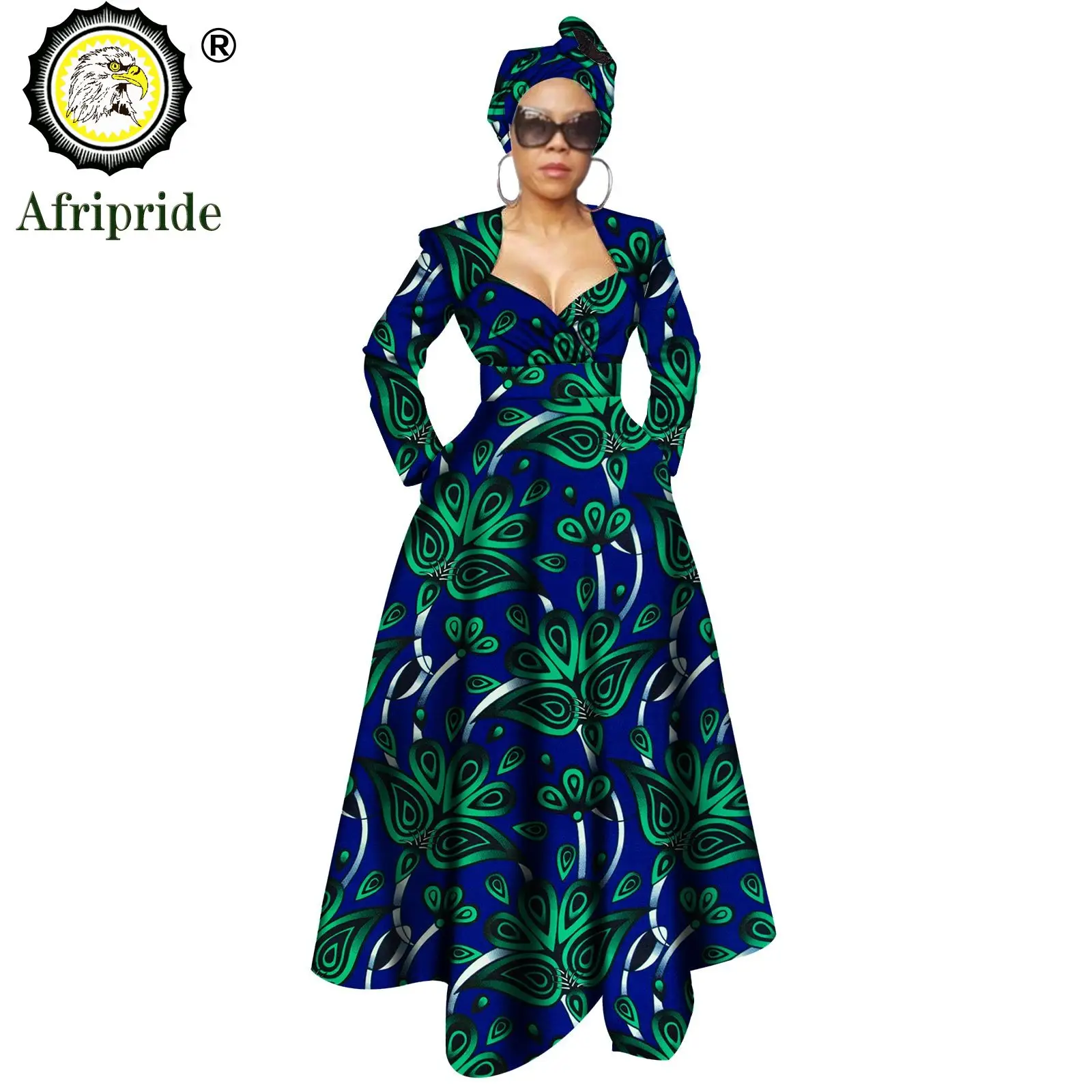 African Dresses for Women Ankara Print Dress + Headwarp V Neck Long Maxi Party Dress Dashiki Outfits Wax AFRIPRIDE S1925106