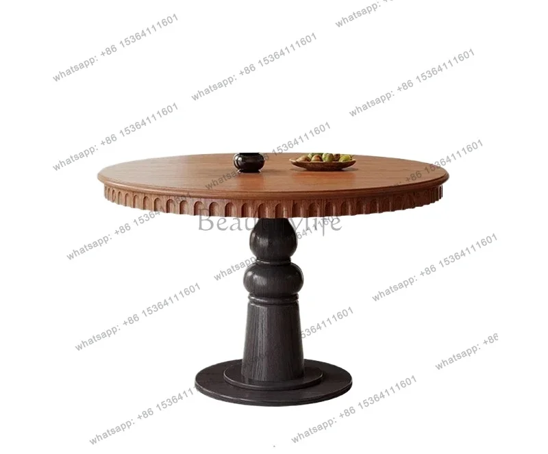 round table household  Retro style ash wood grain dining table and chairs French medium and ancient style solid wood