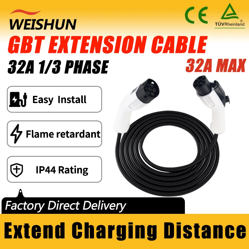 Portable 10M EV Charger Extension Cable Female Car Side to Type2 Male Plug 3Phases 32A 22KW Electric Car Charging Cord