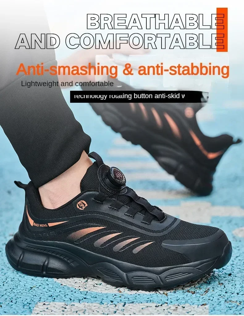 Men Rotary Buckle Safety Boots Steel Toe Puncture Proof Work Sneakers Breathable Durable Protective Footwear for Men and Women