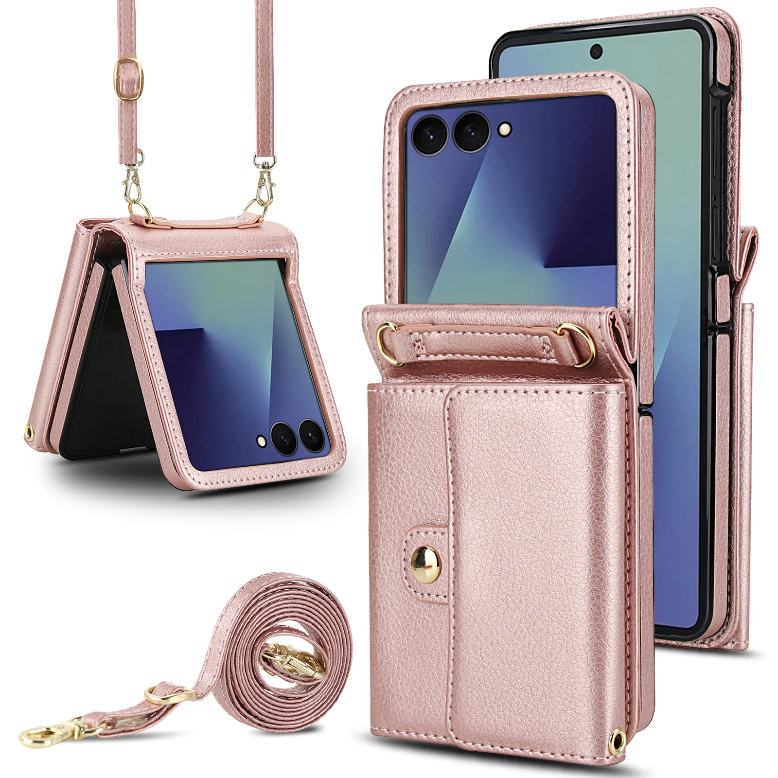 Crossbody Lanyard Cards Bag Leather Wallet Case For Samsung Galaxy Z Flip 8 ZFlip8 7 6 5 4 3 Shockproof Back Cover Accessories