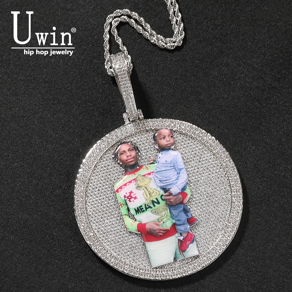 

Uwin Custom Memory Photo Round Medallion Iced Out Pictures Pendant Necklace Paved CZ Engrave Back Men Women Hiphop Jewelry
