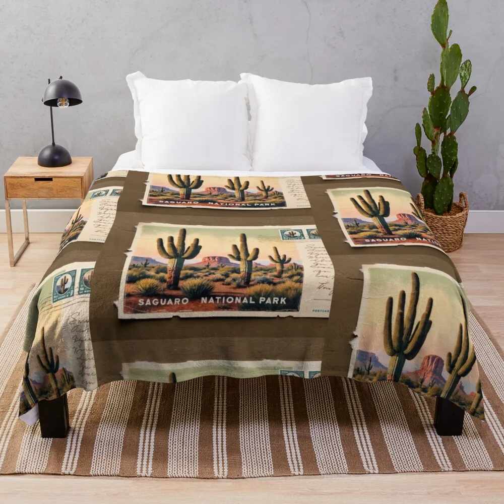 Saguaro National Park Postcard Vintage Retro Travel Throw Blanket Luxury Thicken Vintage Bed covers Luxury St Blankets