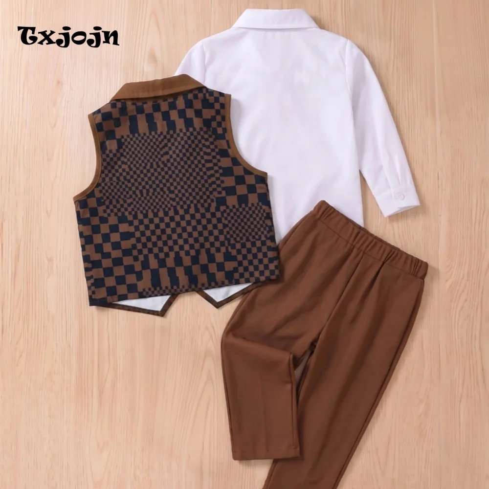 Boy's Formal Suit Set for Homecoming Children's 3 Piece Set Plaid Clothes Bow Long-sleeve Top Pants Vest Kids Party Outfit