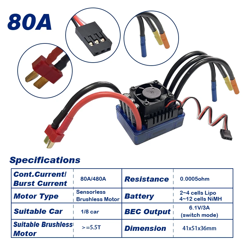 VRX CORSE ESC 80A Brushless 85261 Misura Per 1/8 Bilancia Elettrico Brushless RC Auto RH818 RH820 Cobra Potente e Ad Alta Velocità