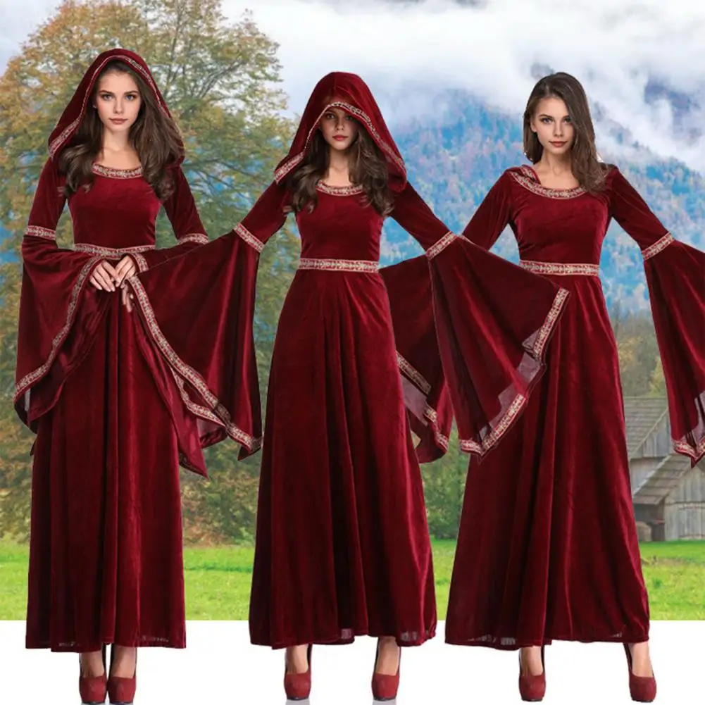 

Medieval Bell Sleeve Dress Victorian-inspired Vintage Women's Halloween Cosplay Maxi Dress with Bell Sleeves for Medieval