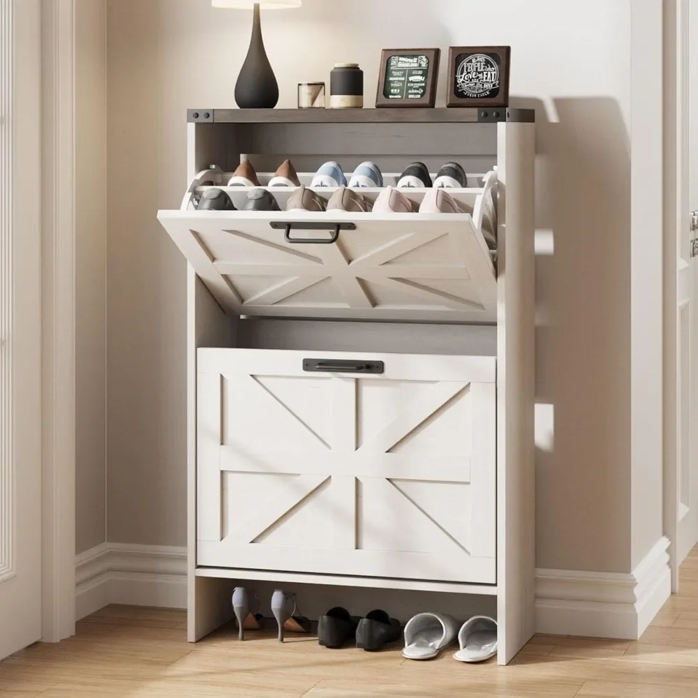 

Shoe Storage Cabinet for Entryway,Farmhouse Slim Shoe Cabinet with 2 Flip Drawers,Narrow Shoe Rack Cabinet for Entrance Hidden