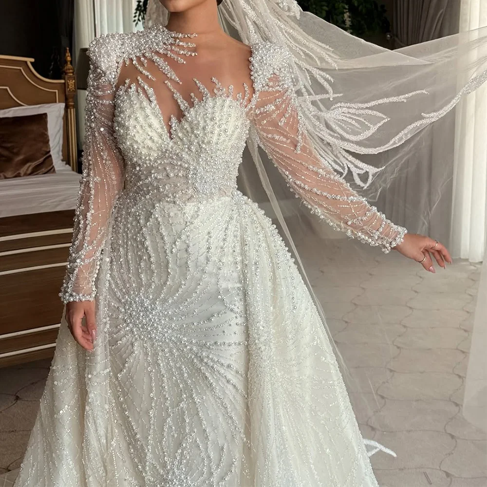 

Sparkly Customized Sequined Pearls Vestido De Novia Temperament Long Sleeves Mermaid Bridal Gowns Dreamy Organza Wedding Dress
