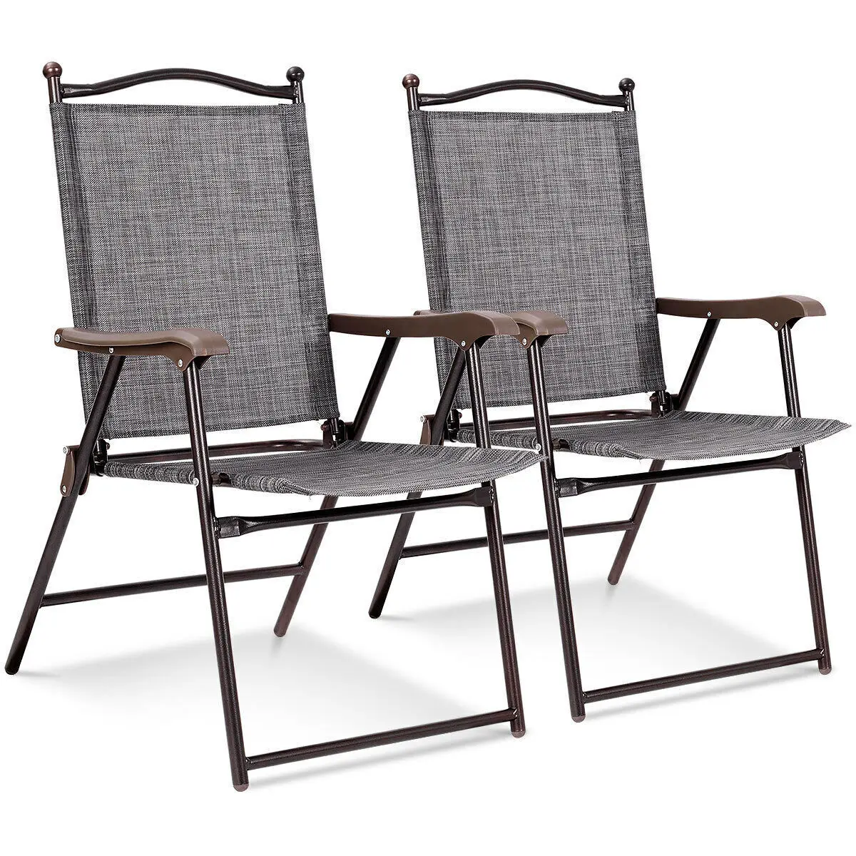 Set of 2 Patio Folding Sling Back Chairs Camping Deck Garden Pool Beach Gray