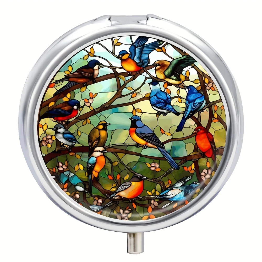 Colorful Birds 3-Compartment Pill Organizer-Compact&Portable Medicine Case For Purse Or Travel,Decorative Metal Vitamin Holder