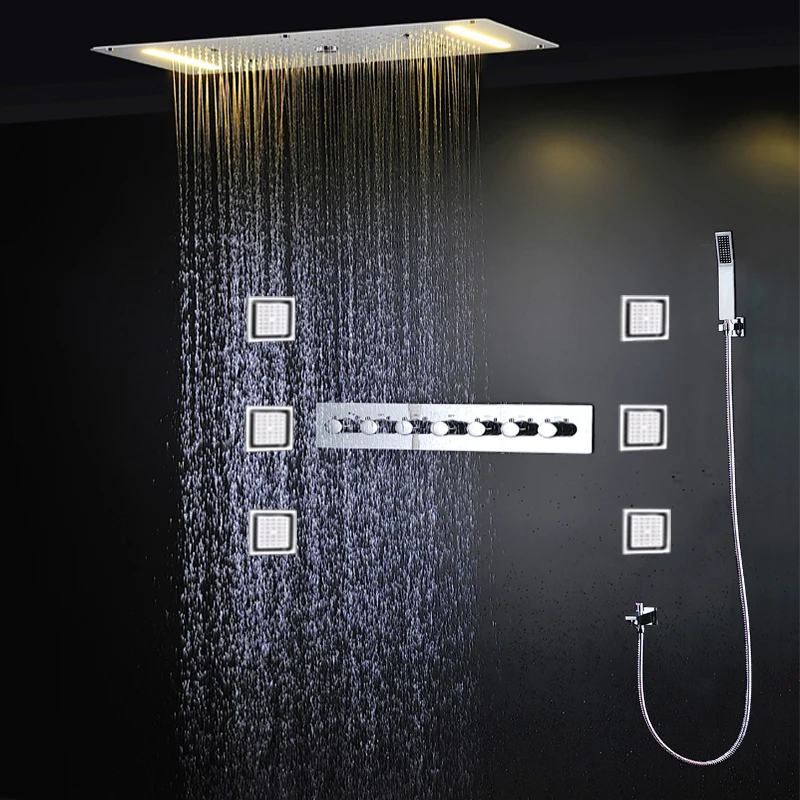 2024 High Quality LED Shower System Set Mist Spray  Rain Waterfall Shower Head Panel Thermostatic Mixer Faucet With Lateral Jets