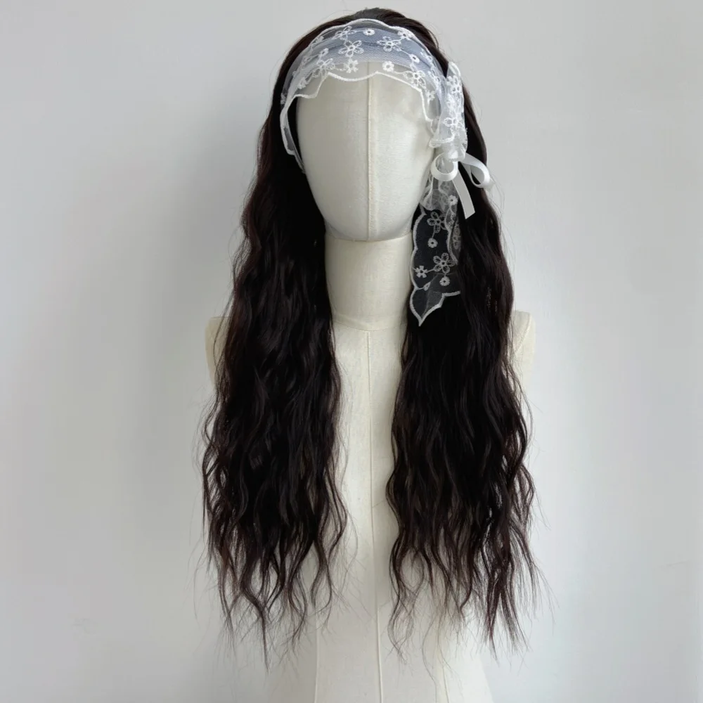 Lace headscarf, headband, one-piece wig, women's tricolor optional, retro water ripple long curly hair