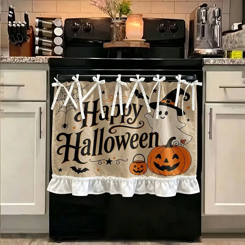 2D Flat - 2D Flat - 1pc Halloween Kitchen Stove Oven Valance, 2D Printed Happy Halloween Ghost Pumpkin Bat, Spooky Kitchen Decoration Curtain for Dishwasher Microwave Cabinet Kitchen Sink, Great Addition to Your Halloween Themed Home, Festive Gift