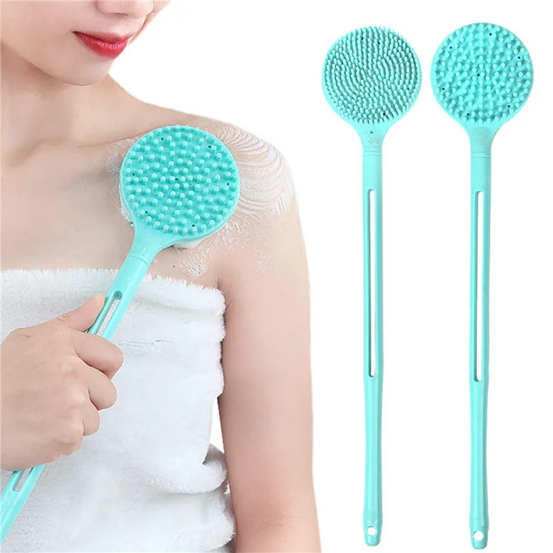 AA20-2X Double-Sided Shower Body Brush Silicone Long Handle Bathroom Wash Brush Bathing Massage Back Body Exfoliating Brush