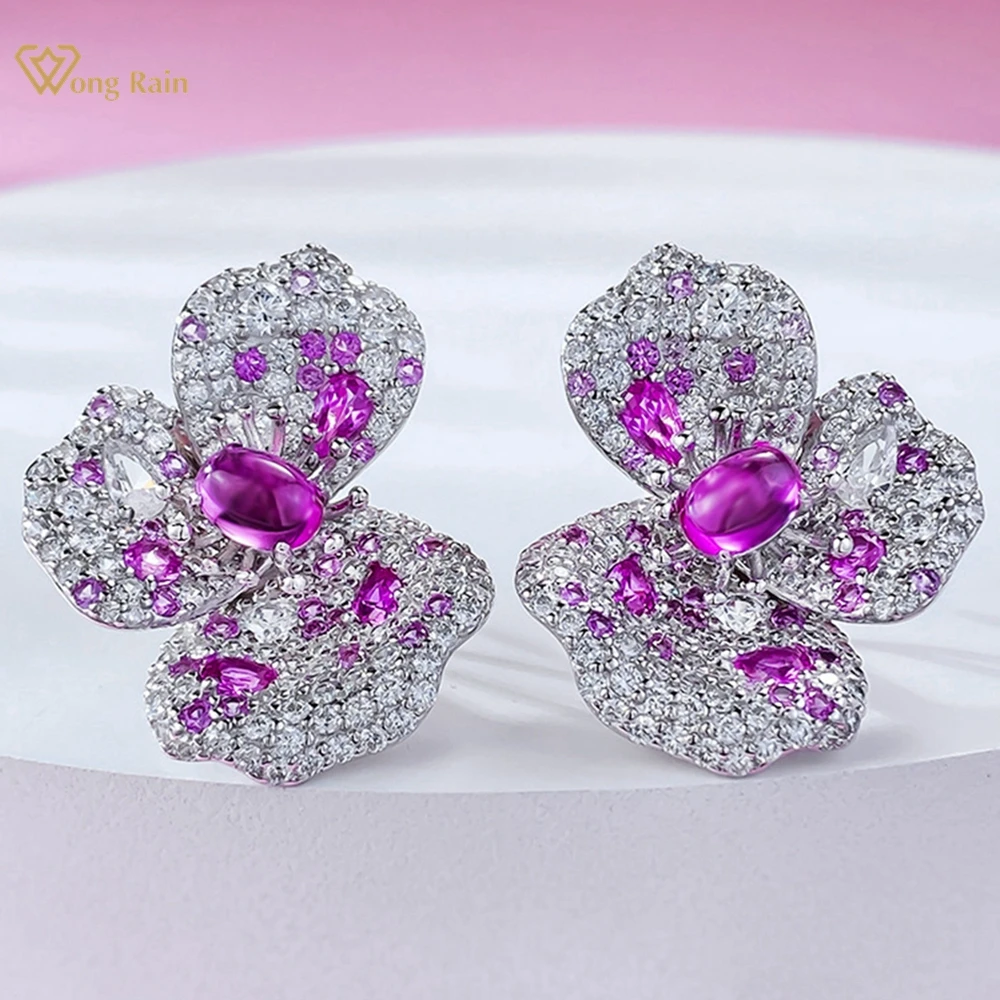 

Wong Rain 100% 925 Sterling Silver Oval Lab Sapphire High Carbon Diamond Gemstone Flower Earrings Fine Jewelry Ear Studs Gifts