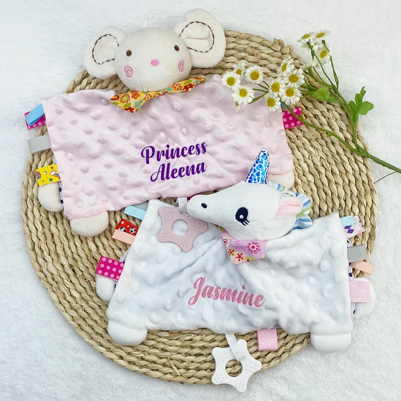 

Personalized Name Baby Security Blanket Bunny Comforter with Silicone Teether for Infants Ideal Shower Gift Item