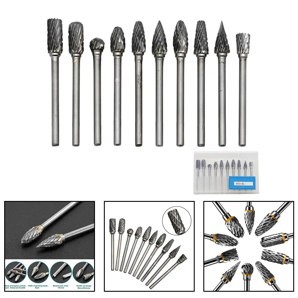 

10pcs Carbide Burr Set Tungsten Steel Double Cut Rotary File Milling Cutter Head For Woodworking Grinding Carving Power Tools