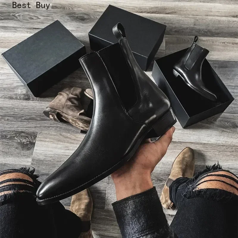 

winter Chelsea Boots Men Black Brown basic Business Short Shoes for Men Handmade slip-on Ankle Boots Zapatos Hombre snow boots