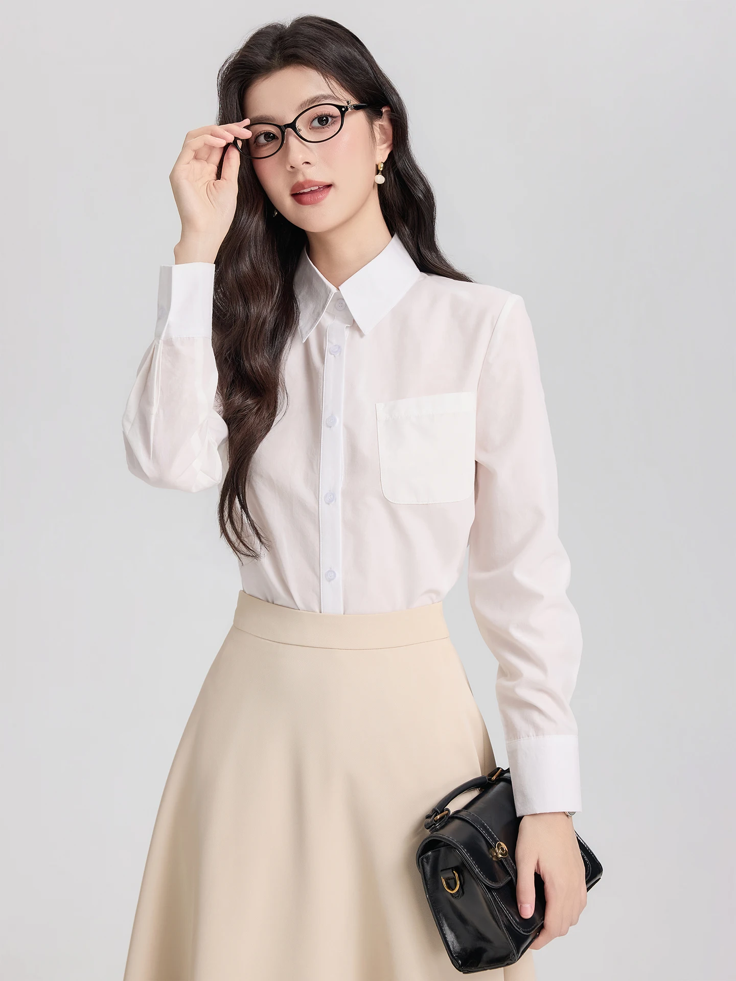 

Ele White Long Sve irt for Women Commute Sle Office Wear High Collar Formal Top Polyester Fiber Skin-friendly Brea...