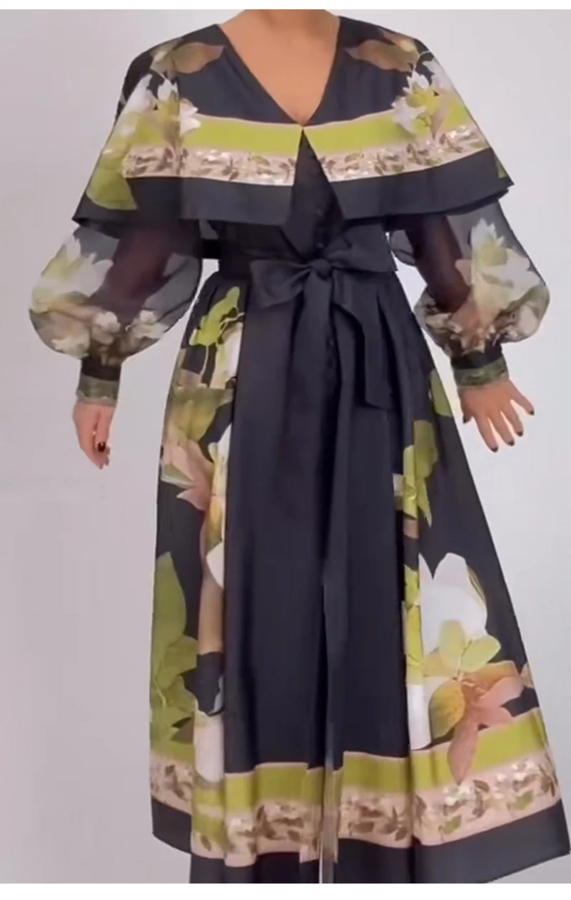 Retro 2025 Women's Autumn New V-Neck Cloak Lantern Long Sleeve Loose Print Dress With Waist-Tied And Big Swing Fluffy Dress