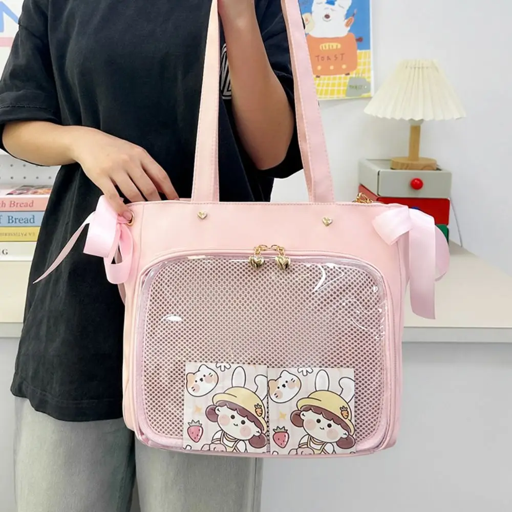 Cute PVC Transparent Itabag Nylon Ballet Style Bow Tote Bag Large Capacity Transparent Ribbon Crossbody Bag Shopping