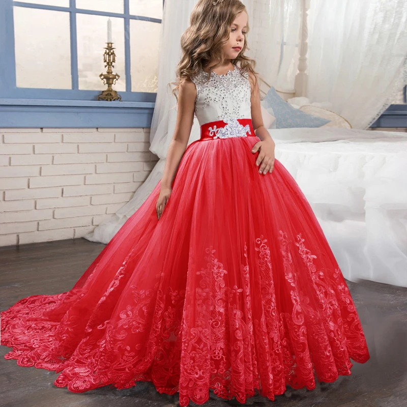 Vestidos de princesa para niña, apliques de encaje, longitud hasta el suelo, fiesta de cumpleaños, primera comunión