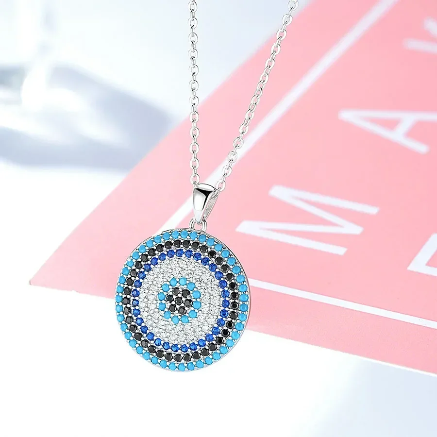 KALETINE 925 Sterling Silver Necklaces Turkish Big Blue Stone Evil Eye Round Pendant Women\'s Necklace Personalized Men Jewelry