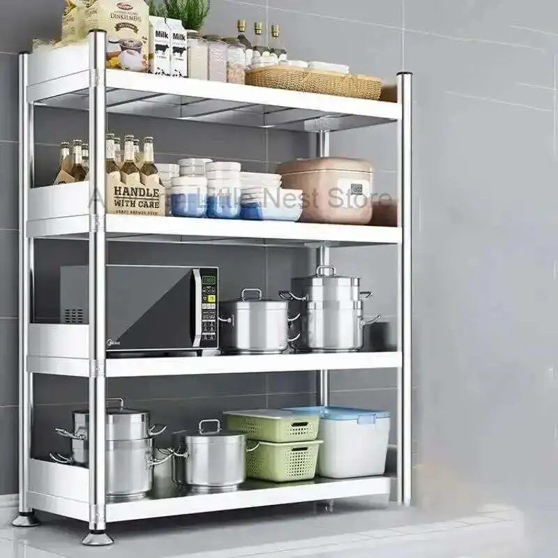 

Stainless Steel Kitchen Cabinets with Fence Floor Multi-layer Storage Cabinet Microwave Storage Rack Household Kitchen Furniture