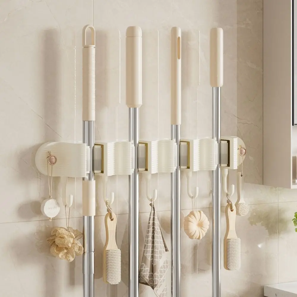 Plastic Broom Mop Holder Self-Adhesive Wall Mounted Broom Storage Rack No Drilling with 4 Slots & 5 Hooks Mop Hanging Hanger