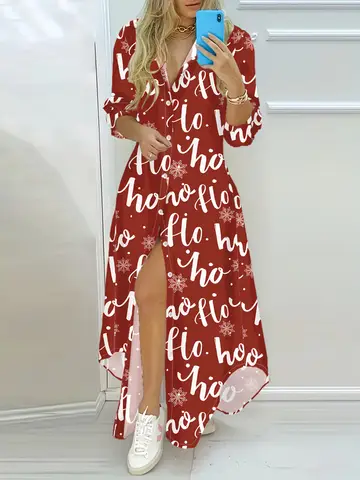 Christmas Dress for Women Long Sleeve Casual Dress Winter Festive Dress Snowflake Print Dress Holiday Party Dress A-Line
